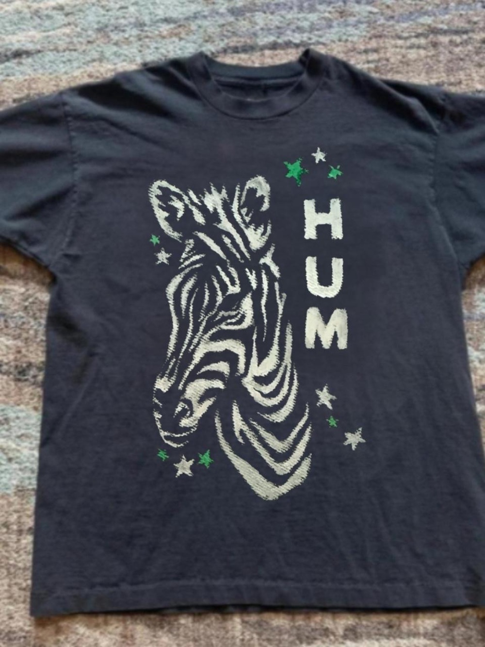 Gildan Black Tee with Cream Zebra Graphic and Green Stars